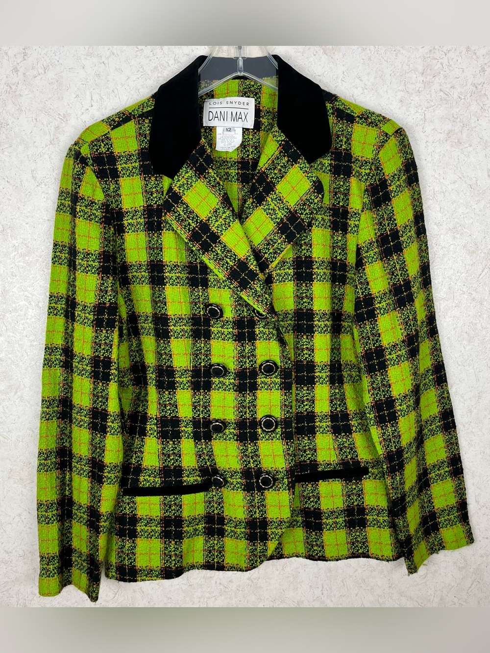 Vintage 80s Lois Snyder Dani Max Neon Green Black Plaid Blazer Preppy Clueless